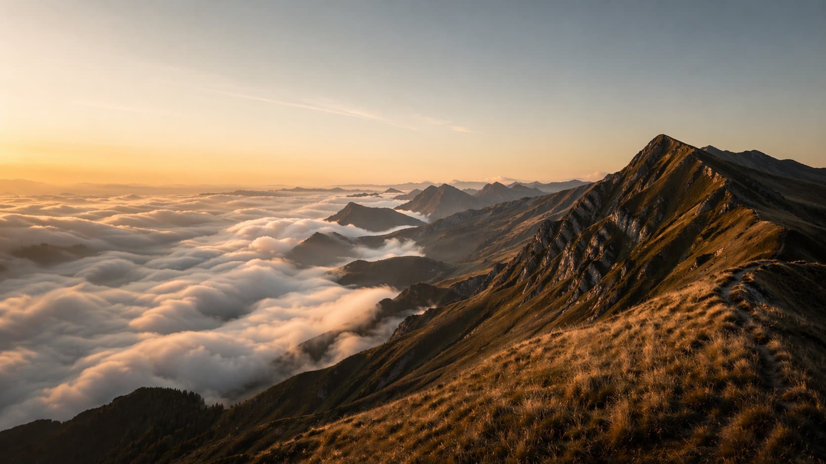 Landscape photograph — morning light over mountain ridge with cloud inversion